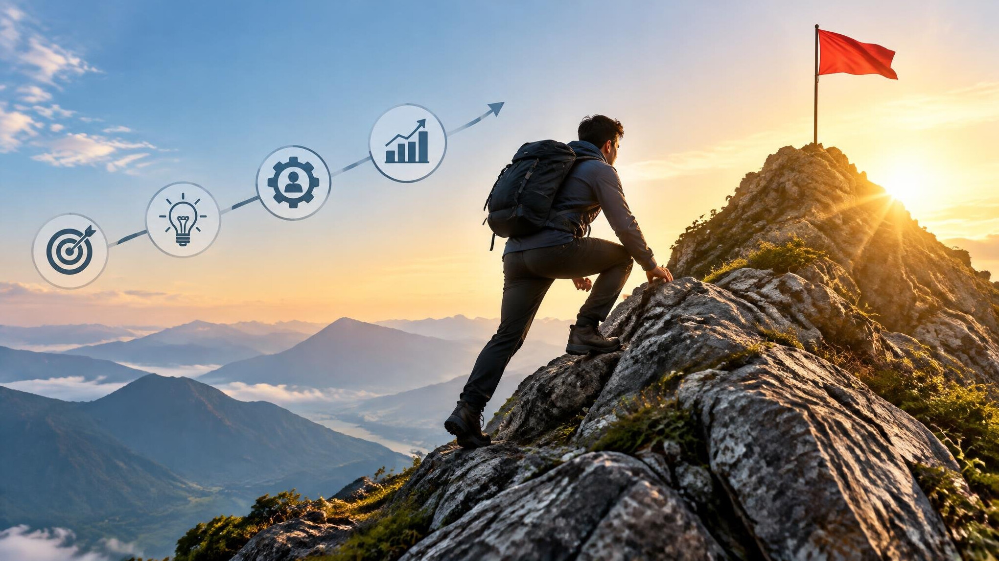 person climbing mountain success